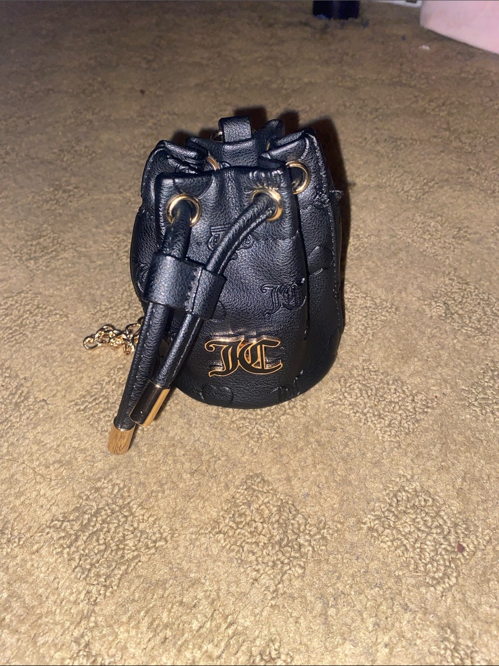 Juicy Couture Black Mini Drawstring Bucket Bag with Gold Hardware